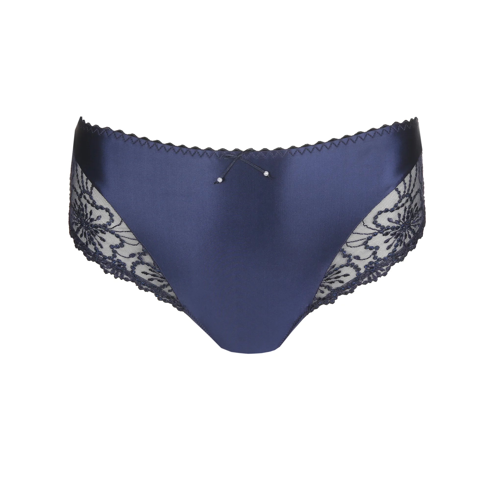 Jane Full Brief Velvet Blue from The Foundation displayed flat, showcasing elegant blue lace, soft satin, and front bow detail