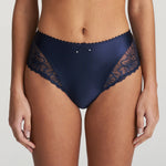 Front view of Jane Full Brief Velvet Blue from The Foundation, showing full coverage, blue satin, and floral embroidery at the legs