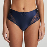 Front view of Jane Full Brief Velvet Blue from The Foundation, showing full coverage, blue satin, and floral embroidery at the legs