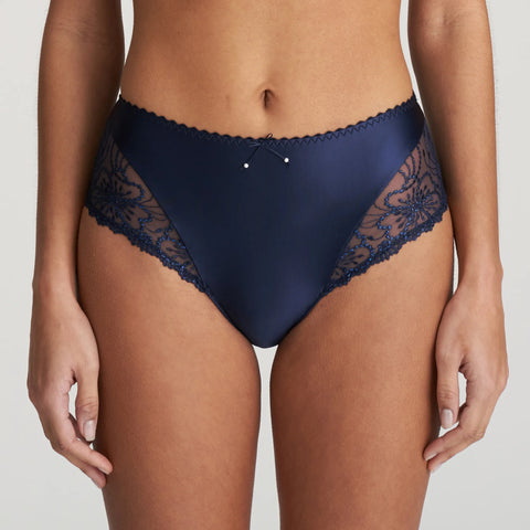 Front view of Jane Full Brief Velvet Blue from The Foundation, showing full coverage, blue satin, and floral embroidery at the legs