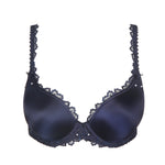 Flat lay of the bra showing intricate embroidery on the cups and velvet finish across the band.