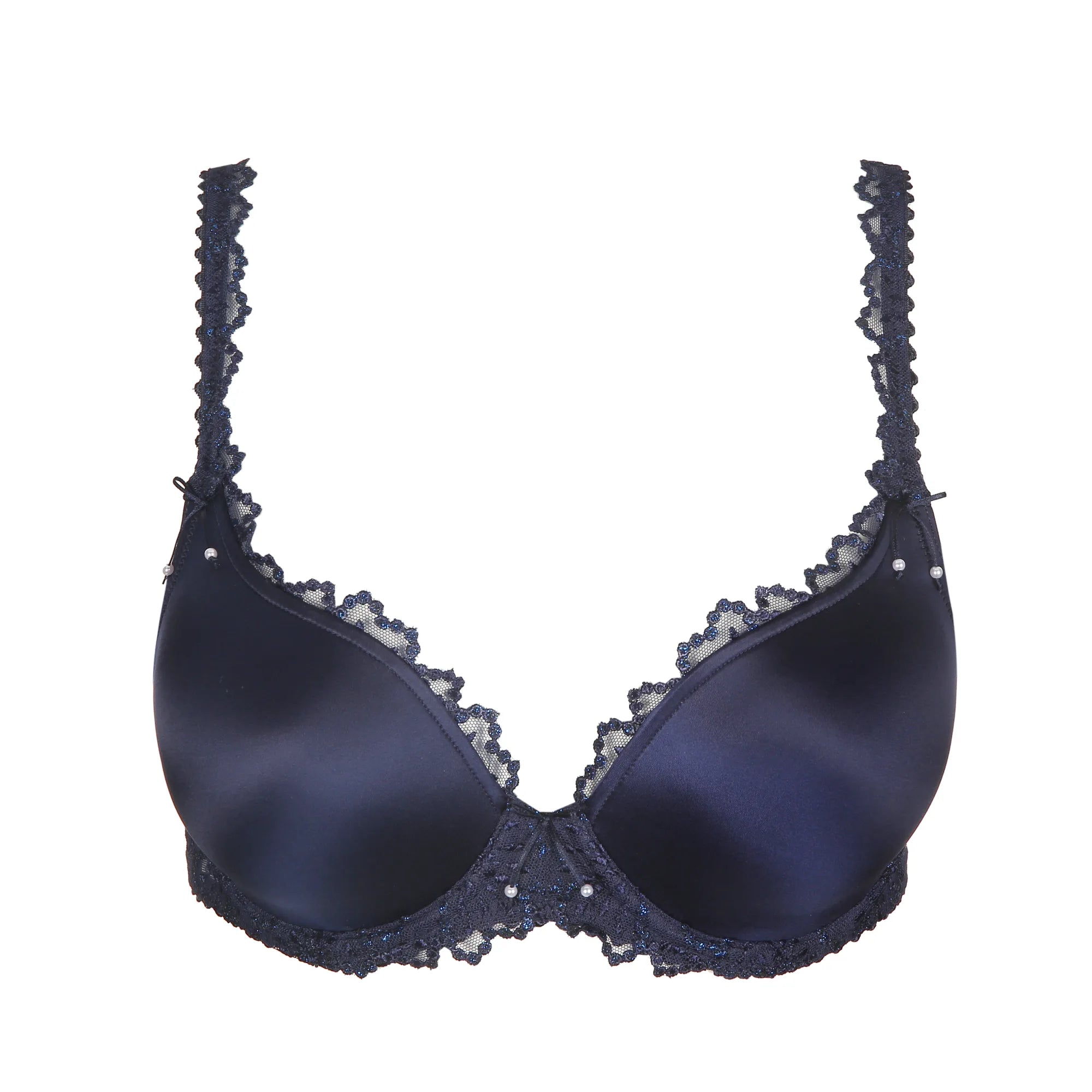 Flat lay of the bra showing intricate embroidery on the cups and velvet finish across the band.