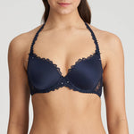 Front view of Jane Padded Heart Shape Bra Velvet Blue from The Foundation, featuring feminine plunge and delicate embroidery