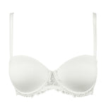 Flat lay of the Jane Balcony Bra in Natural with scalloped lace trim and molded cups.