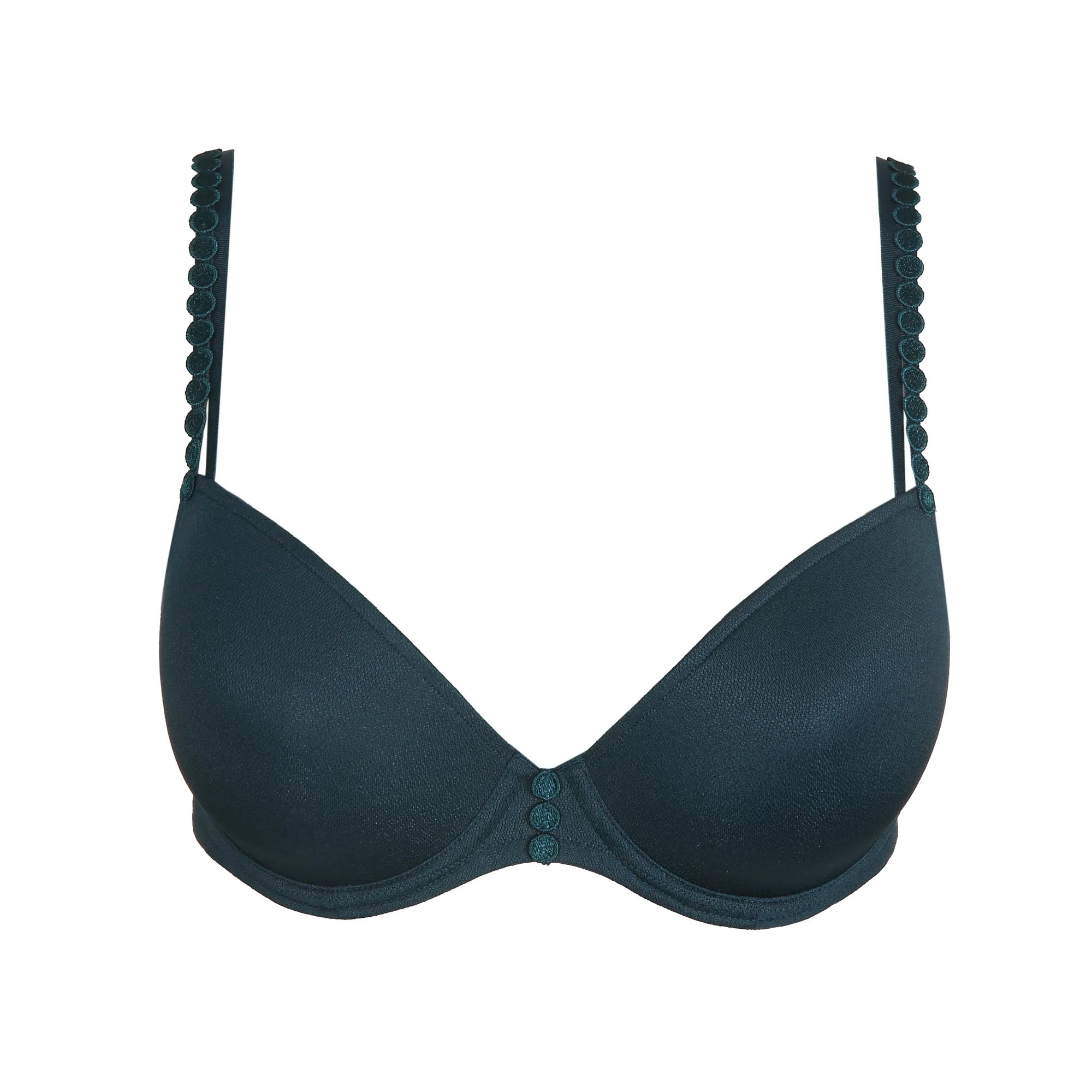 Flat lay of Tom Mini Padded Plunge Bra in Empire Green, displaying padded cups and elegant design
