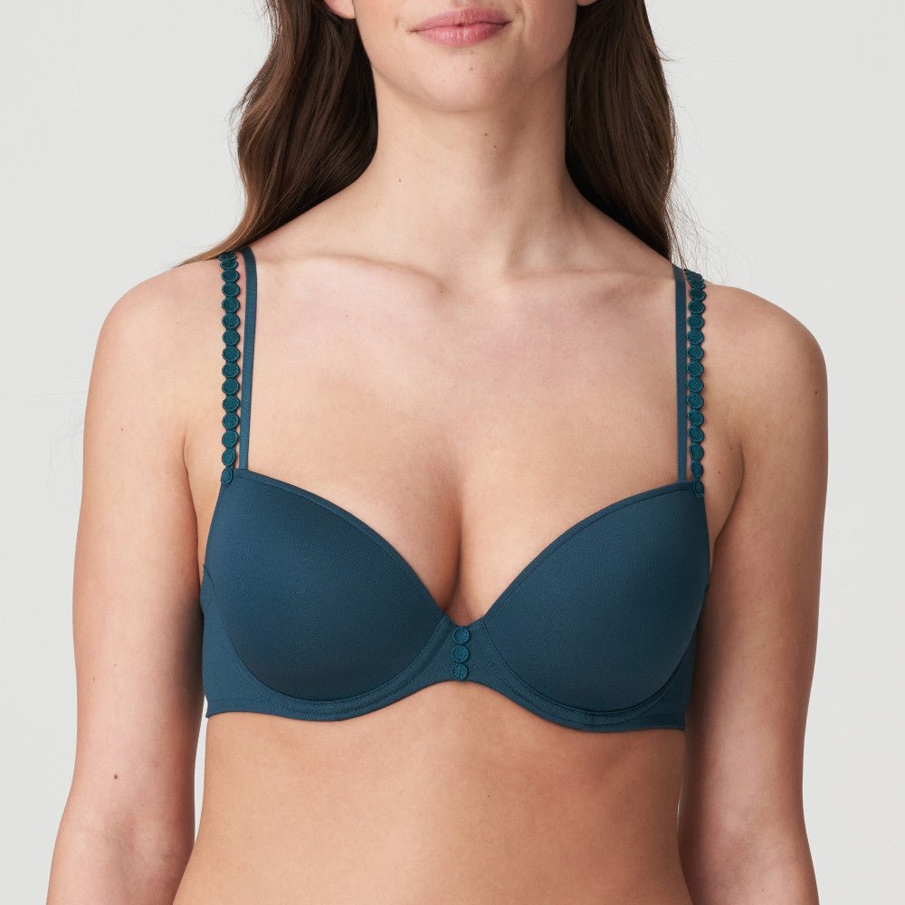 Front view of Marie Jo Tom Mini Padded Plunge Bra in Empire Green, featuring signature circle detailing and double straps