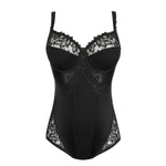 Flat lay of Deauville Bodysuit in Black by PrimaDonna, showing underwire design and elegant lace detailing, stocked by The Foundation.
