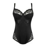 Flat lay of Deauville Bodysuit in Black by PrimaDonna, showing underwire design and elegant lace detailing, stocked by The Foundation.