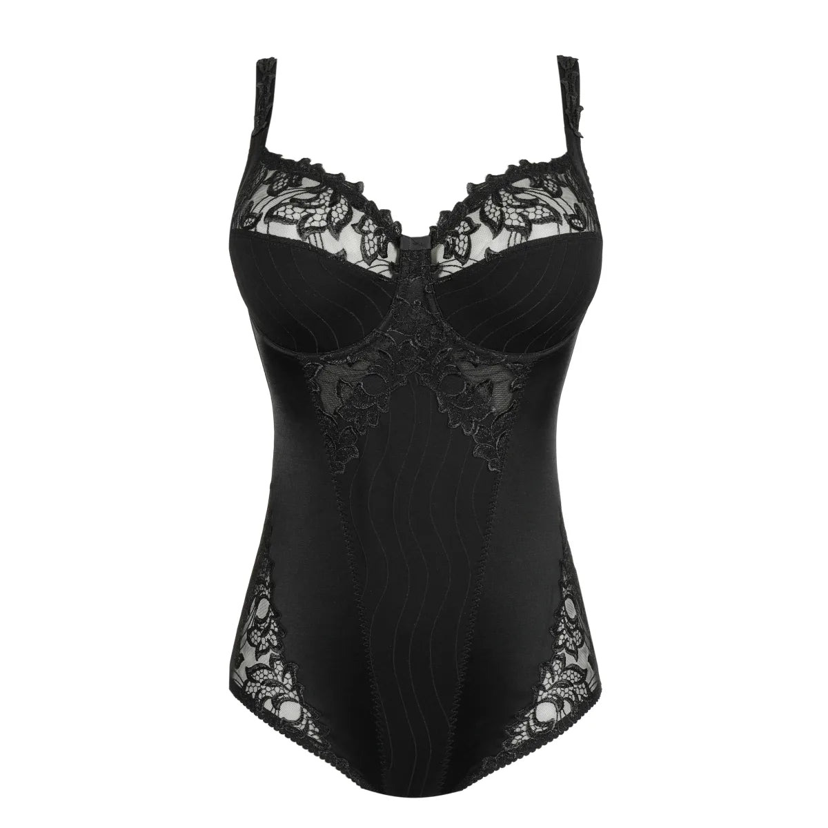 Flat lay of Deauville Bodysuit in Black by PrimaDonna, showing underwire design and elegant lace detailing, stocked by The Foundation.