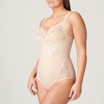 Side view of the Café Latte Deauville Bodysuit by PrimaDonna, highlighting light shaping and detailed design, from The Foundation.