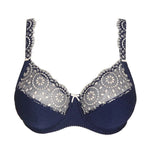 Product-only shot of Osino Full Cup Bra Sapphire Blue with lace upper cups and subtle sheen on lower cups