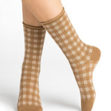 Wool Cotton Check Sock Fauve