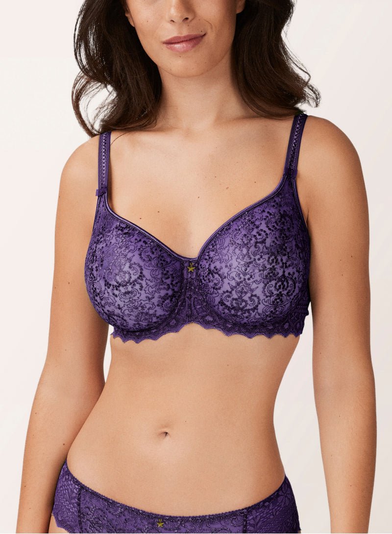 Front view of Empreinte Cassiopee underwire bra in dark purple, showcasing seam-free lace design.