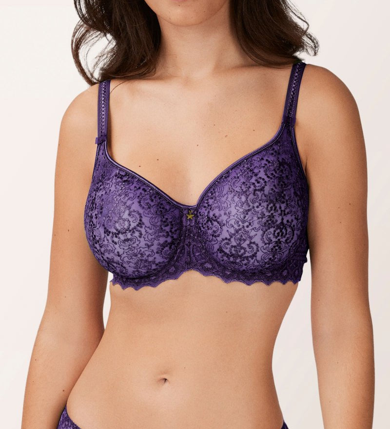 Front view of Empreinte Cassiopee underwire bra in dark purple, showcasing seam-free lace design.