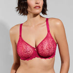 Empreinte Cassiopee Underwire Seamless Full Cup Bra in Lipstick, front view, plus-size model, moulded lace bra for fuller busts, luxury French lingerie.