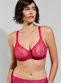 Empreinte Cassiopee Underwire Seamless Full Cup Bra in Lipstick, front view, plus-size model, moulded lace bra for fuller busts, luxury French lingerie.