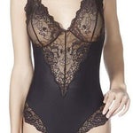 Front view of Model wearing Janira Greta IM Lace Bodysuit in Black, showcasing intricate lace detail and flattering silhouette.
