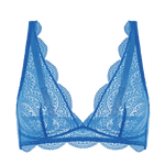 Flat lay of the Karma Wireless Triangle Bra in Bleu Myosotis highlighting triangle cups and stretch lace texture.