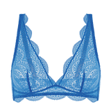 Flat lay of the Karma Wireless Triangle Bra in Bleu Myosotis highlighting triangle cups and stretch lace texture.