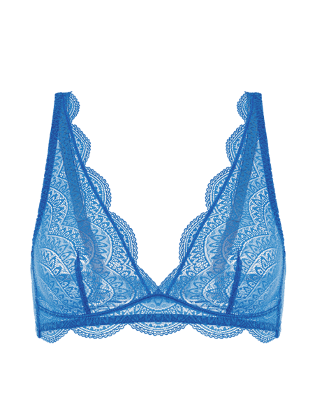 Flat lay of the Karma Wireless Triangle Bra in Bleu Myosotis highlighting triangle cups and stretch lace texture.