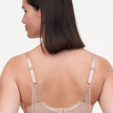 Back view of Maddie Plunge T-Shirt Bra Soft Pink showing striped tulle back and leotard-style support.