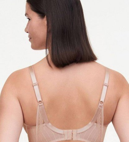 Back view of Maddie Plunge T-Shirt Bra Soft Pink showing striped tulle back and leotard-style support.