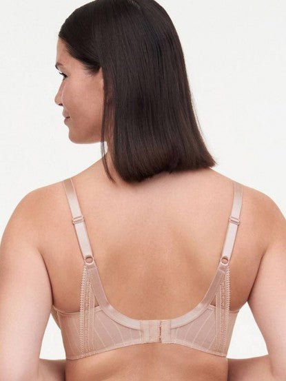 Back view of Maddie Plunge T-Shirt Bra Soft Pink showing striped tulle back and leotard-style support.