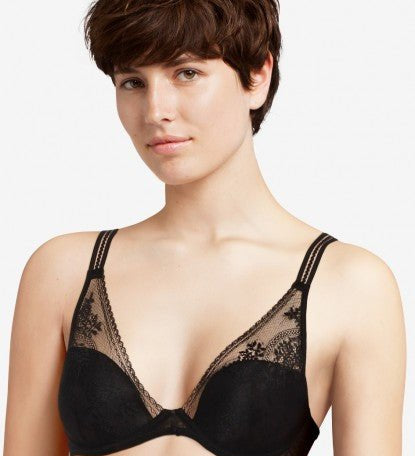 Front view of model wearing the Maddie Plunge T-Shirt Bra Black with floral lace and a low-cut neckline.