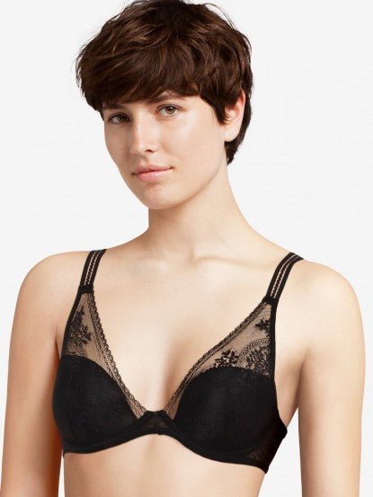 Front view of model wearing the Maddie Plunge T-Shirt Bra Black with floral lace and a low-cut neckline.