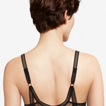 Back view of Maddie Plunge T-Shirt Bra Black showing striped tulle and leotard-style back design.