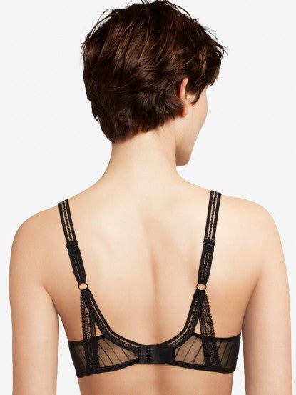 Back view of Maddie Plunge T-Shirt Bra Black showing striped tulle and leotard-style back design.