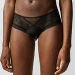 Front view of Maddie Shorty Brief in black, featuring lace overlay and striped tulle panels with opaque knit front.