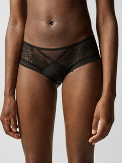 Front view of Maddie Shorty Brief in black, featuring lace overlay and striped tulle panels with opaque knit front.