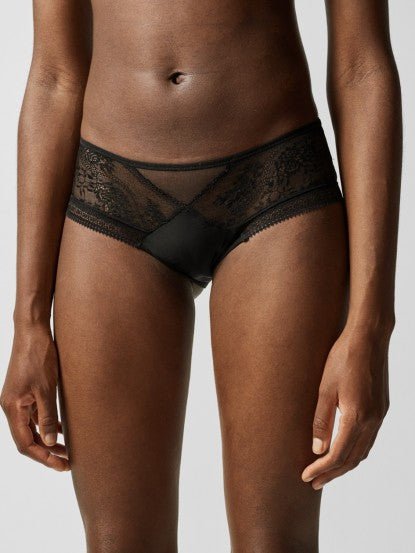 Front view of Maddie Shorty Brief in black, featuring lace overlay and striped tulle panels with opaque knit front.