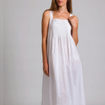 Model wearing Hailspot Sleeveless Pintuck Nightie in white, featuring hail spot cotton texture, pintuck detail, and lace-trimmed square neckline.
