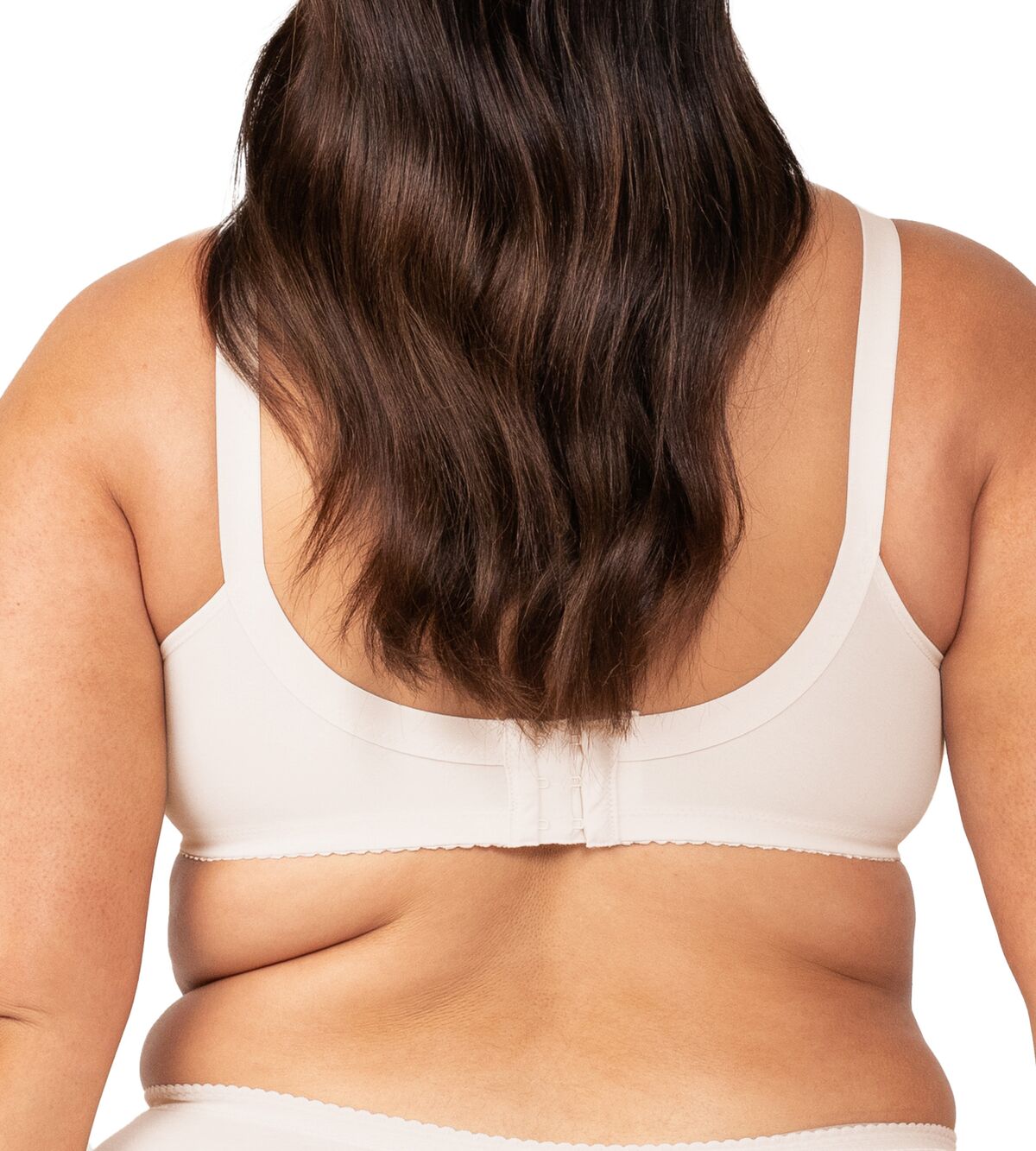 Back view of Triumph’s Kiss of Cotton Wirefree Bra from The Foundation – showing full back coverage and supportive wide straps.