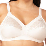 Close up of the Kiss of Cotton Wirefree Bra in Fresh Powder, available at The Foundation – soft cotton blend with floral lace for everyday support.