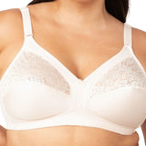 Close up of the Kiss of Cotton Wirefree Bra in Fresh Powder, available at The Foundation – soft cotton blend with floral lace for everyday support.