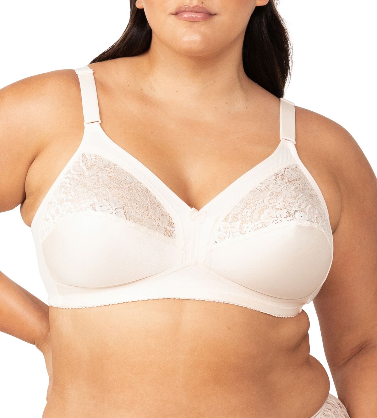 Front view Kiss of Cotton non-wire bra in Fresh Powder by Triumph, sold at The Foundation – showcasing wide straps and smooth floral cup detailing.