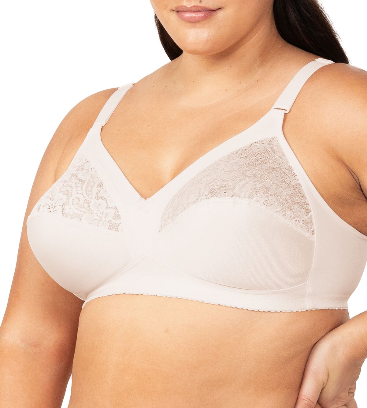 Angled view of the Kiss of Cotton bra in Fresh Powder – Triumph’s wirefree classic with lace detail, available at The Foundation.