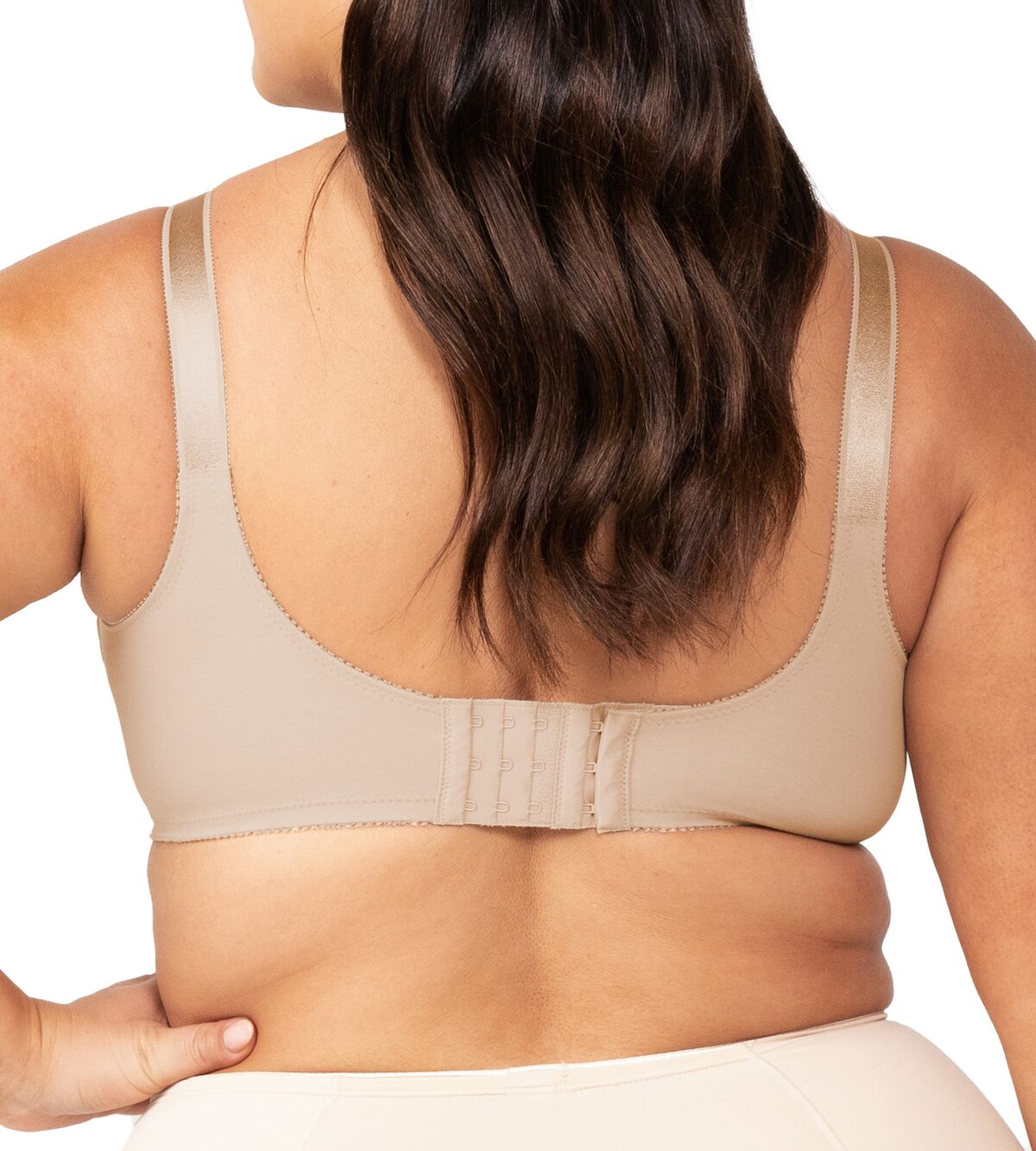 Back view of the maternity bra highlighting the multi-hook closure and wide back band for extra support.