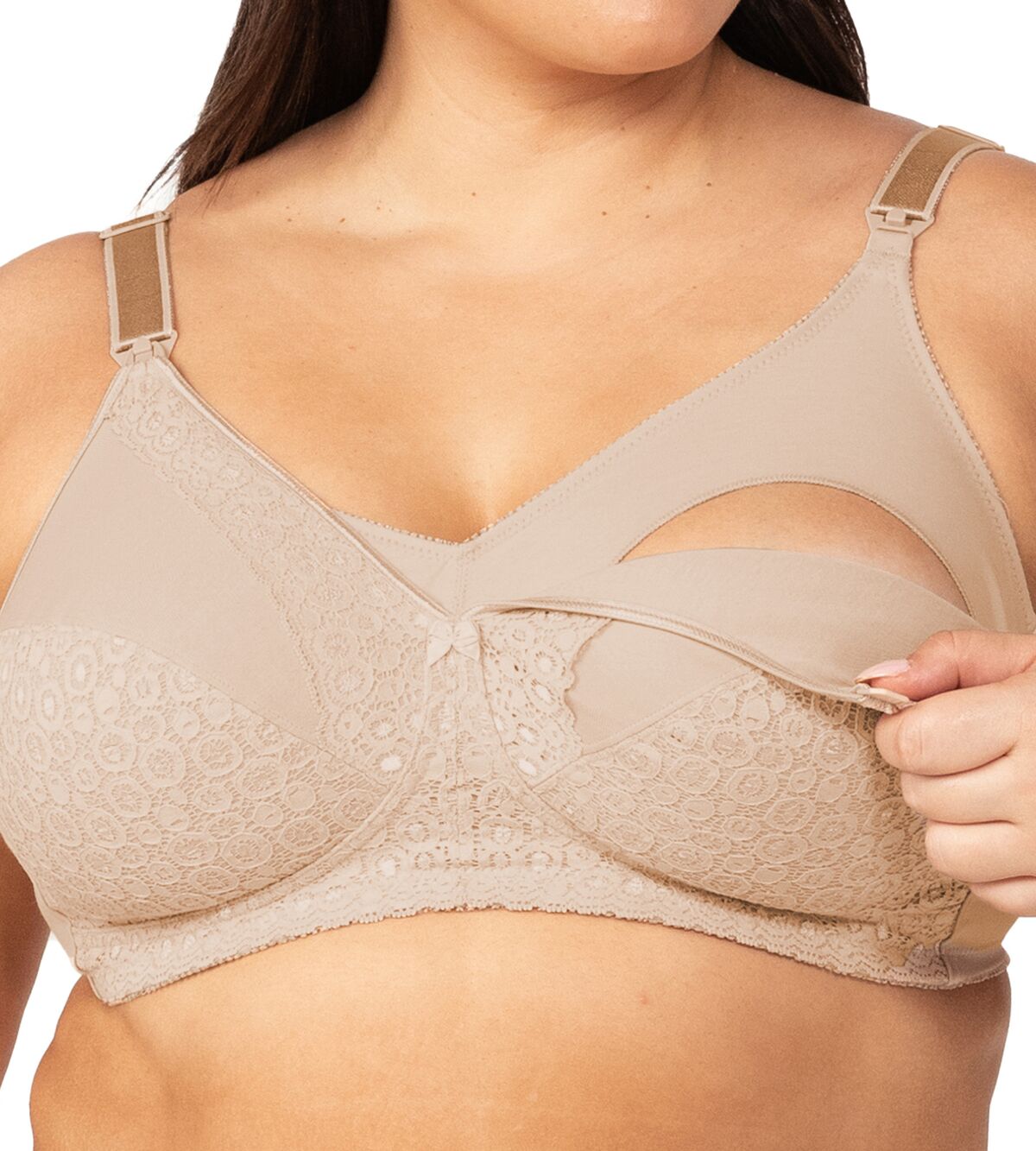 Close up of the maternity bra, displaying the contoured fit and lace detailing on the cup.