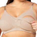Close up of the maternity bra, displaying the contoured fit and lace detailing on the cup.