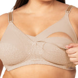 Close up of the maternity bra, displaying the contoured fit and lace detailing on the cup.