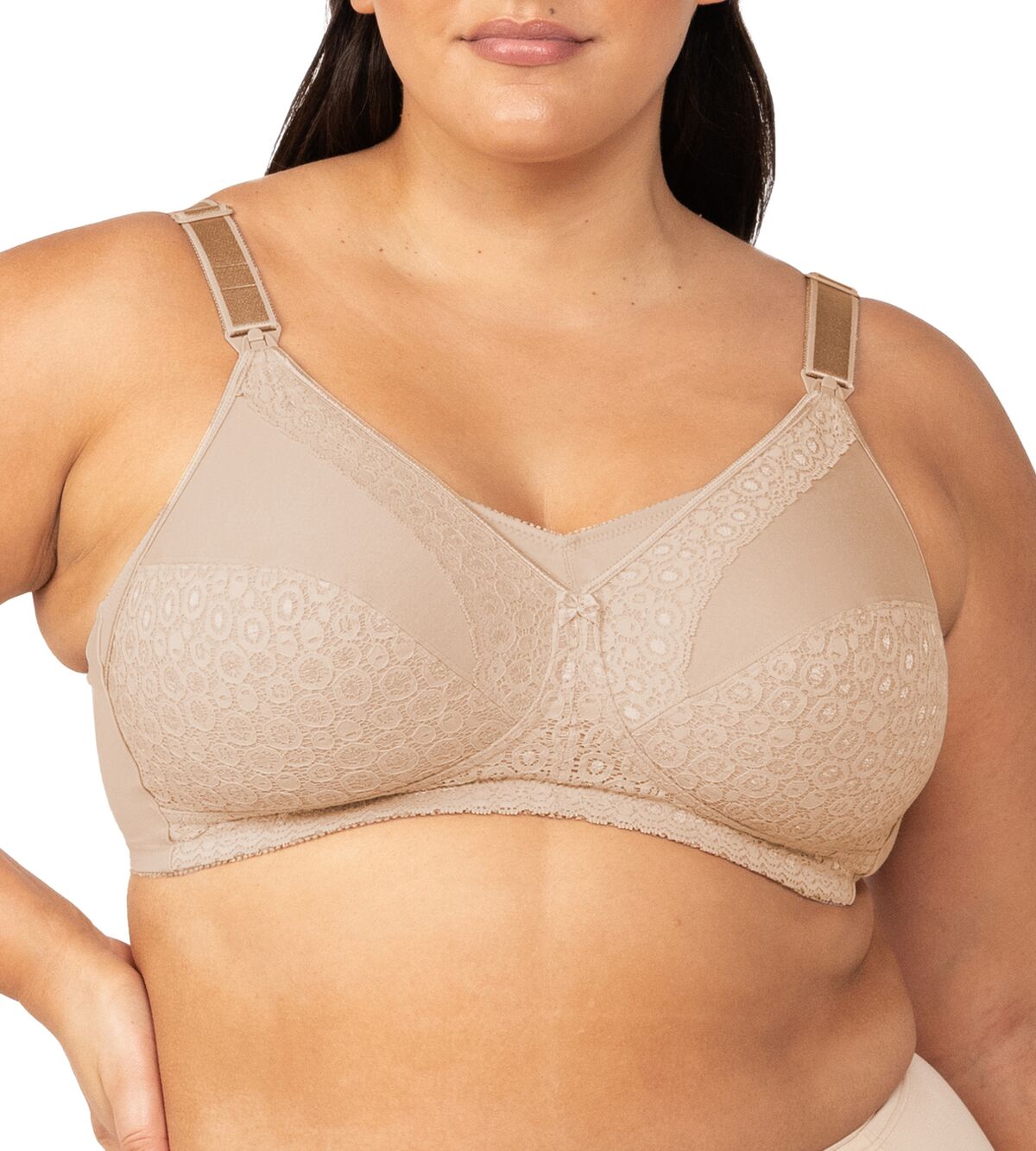 Model wearing the Lace Maternity Bra in beige, showcasing the soft drop-down cups and wide supportive straps.