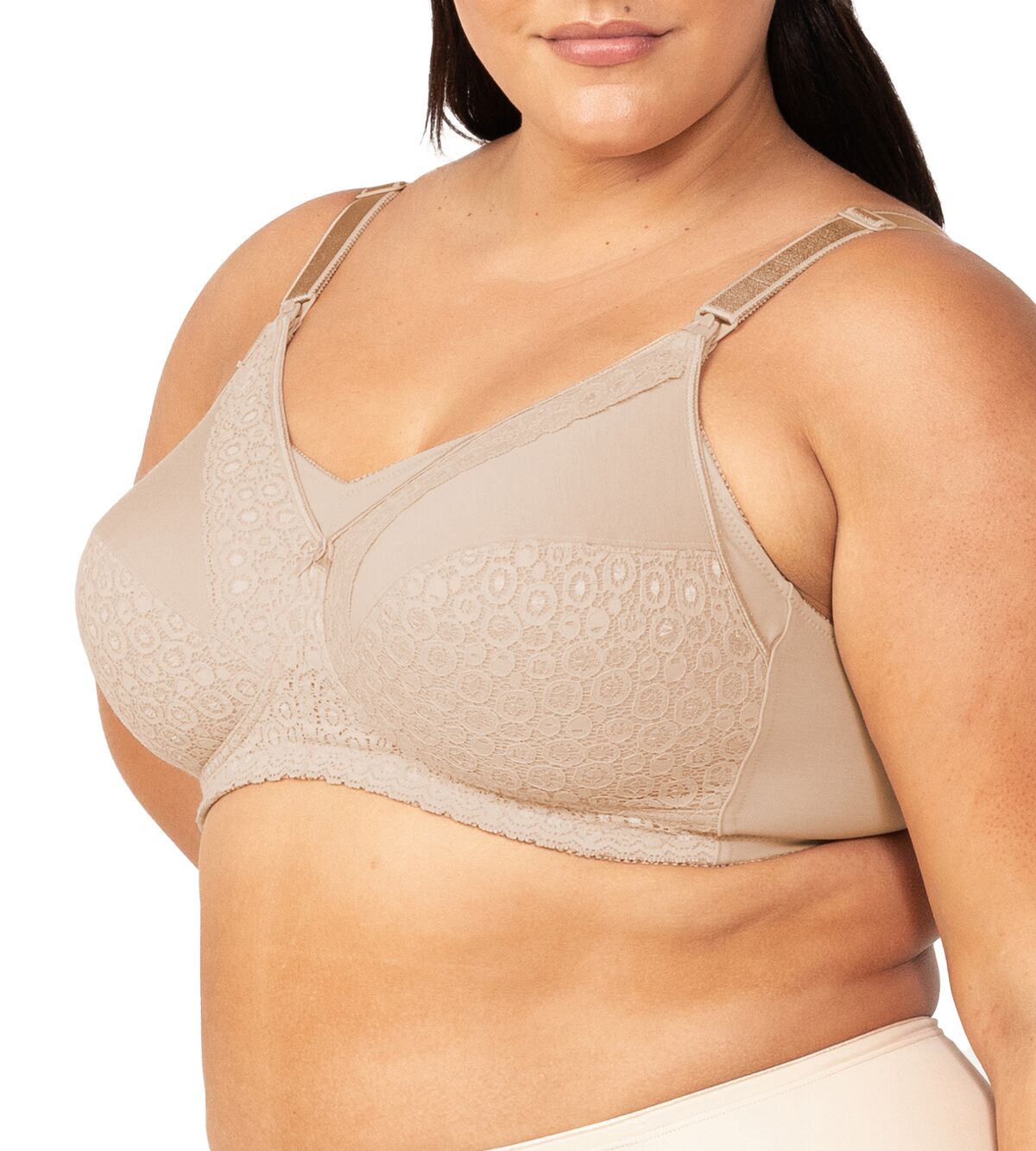 Side angle of Model demonstrating the drop-down nursing cup with one-hand clasp release, ideal for breastfeeding convenience
