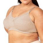 Side angle of Model demonstrating the drop-down nursing cup with one-hand clasp release, ideal for breastfeeding convenience