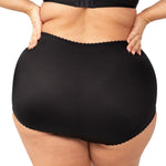 Back view of the Something Else Tum-E-Lace Brief in Black by Triumph, with high-waisted fit and smooth finish—shop now at The Foundation.