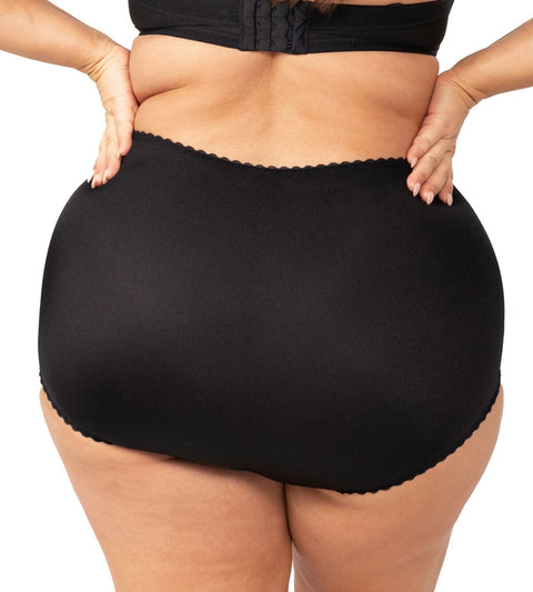 Back view of the Something Else Tum-E-Lace Brief in Black by Triumph, with high-waisted fit and smooth finish—shop now at The Foundation.
