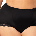 Close up of Triumph’s high-waisted Tum-E-Lace Brief in Black, showing flattering rear coverage—shop The Foundation comfort range.